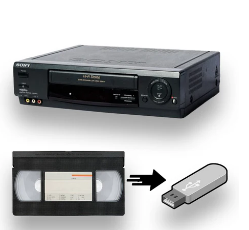 image of a vhs player, vhs tape, and flash drive